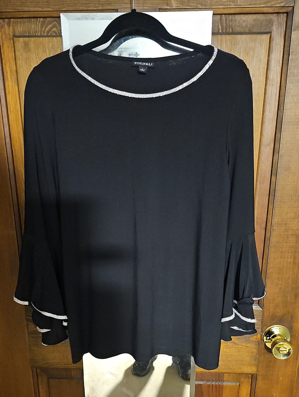 Roz & Ali Black Long Sleeve Top with Rhinestone Trim